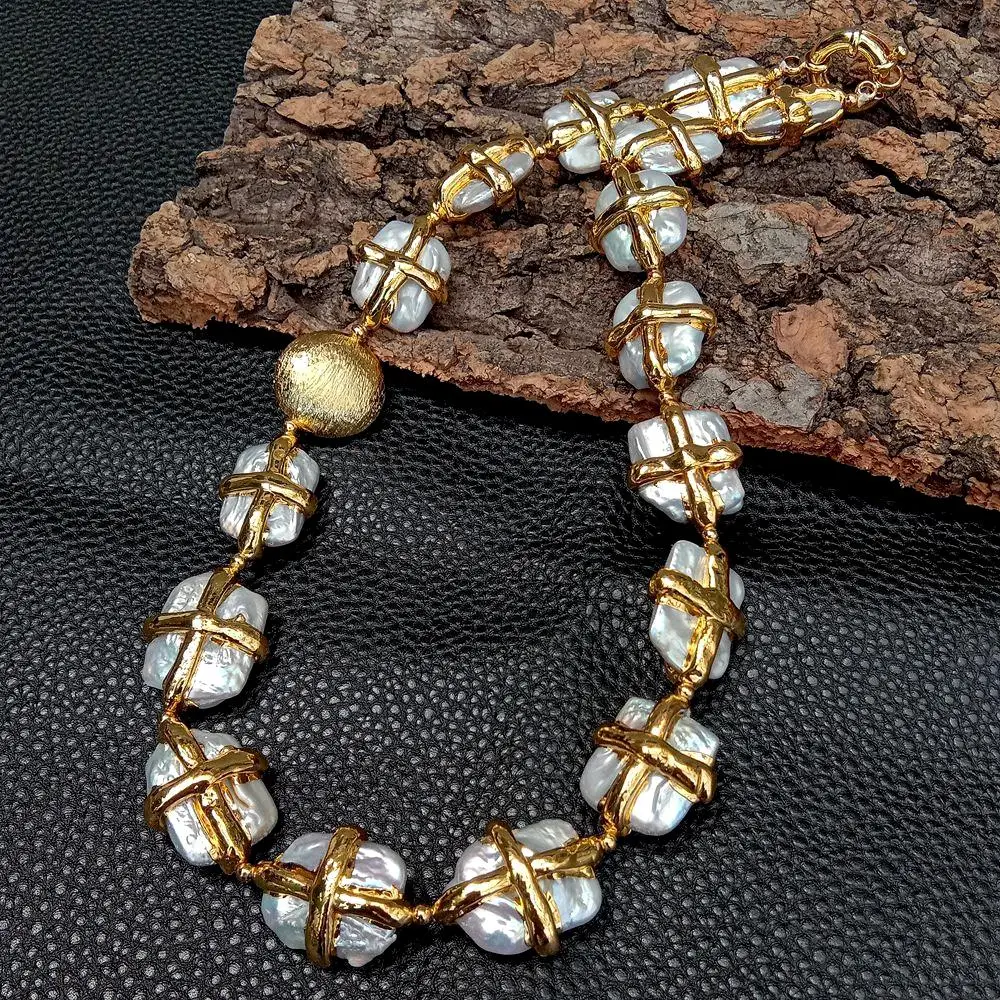 YYGEM 19x25mmnatural Cultured White Rectangle Shape Keshi Pearl  Gold Plated Cross Necklace Original Design Jewelry
