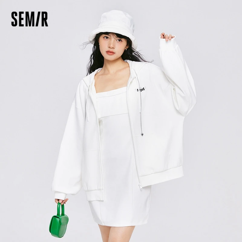 Semir 2023 Women Suit Sweet Two-piece Suit Solid Color Suspender Skirt Simple Hooded Jacket Suit for Women