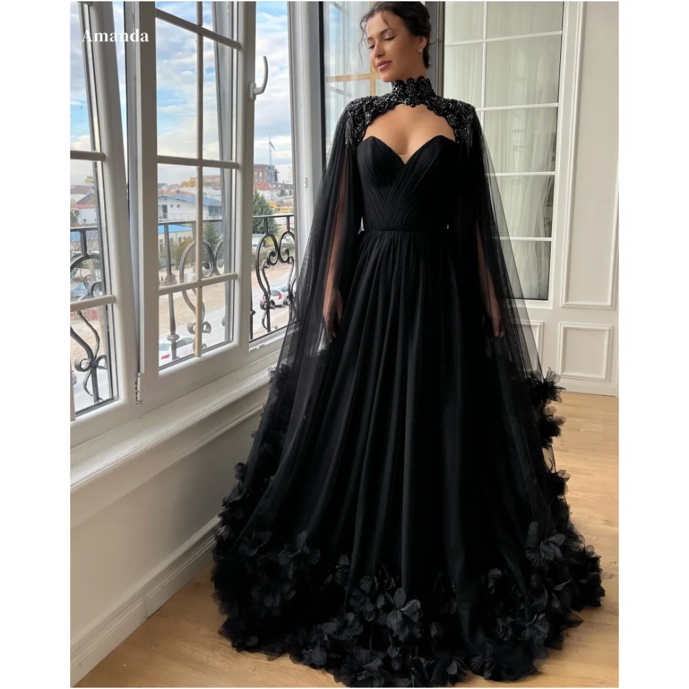 Amanda Customized Black Beading Shawl Two-Piece Set robes de soirée Strapless 3D Flowers Party Dresses A-line Prom Dress 2024