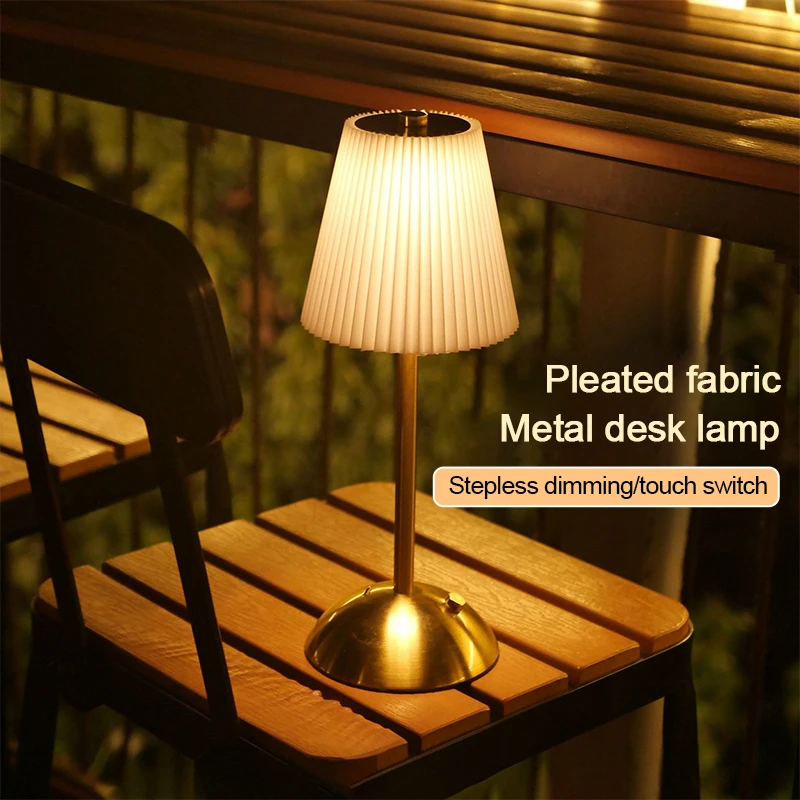 Small Pleated Table Lamp USB Rechargeable Nightstand Lamp Cordless Desk Lamp for Bedroom Living Room Home Office Decor