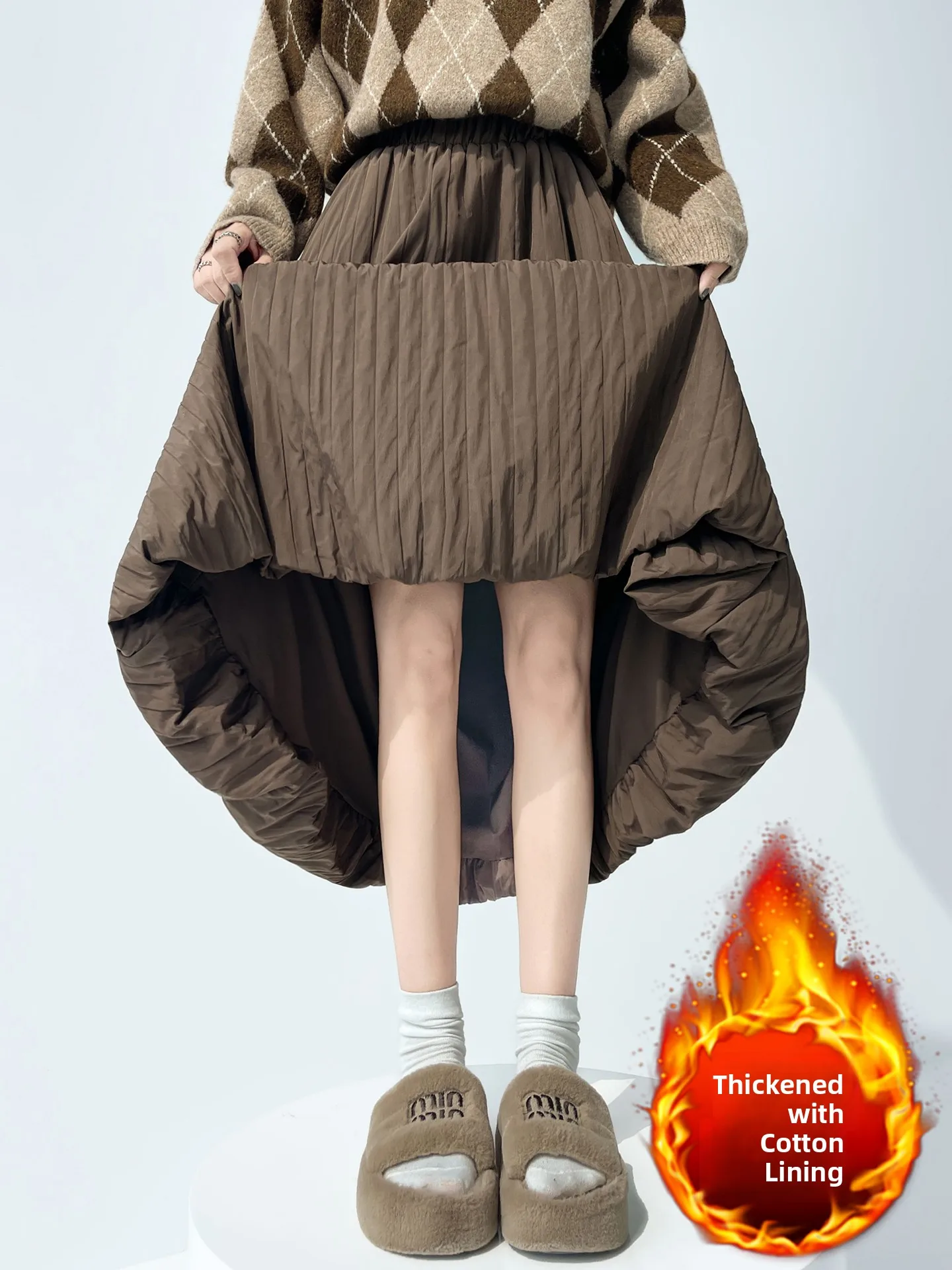 Spódnica midi w kształcie litery A z wysokim stanem, ocieplana, damska, jesienno-zimowa, wyszczuplająca, o długości do połowy łydki, spódnica typu parasol, wypełniona bawełną.