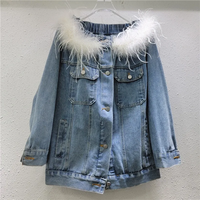 DEAT Women's Denim Coat Slash Neck Long Sleeve Off Shoulder Spliced Feathers Causal Jackets 2025 New Spring Fashion 29L9380