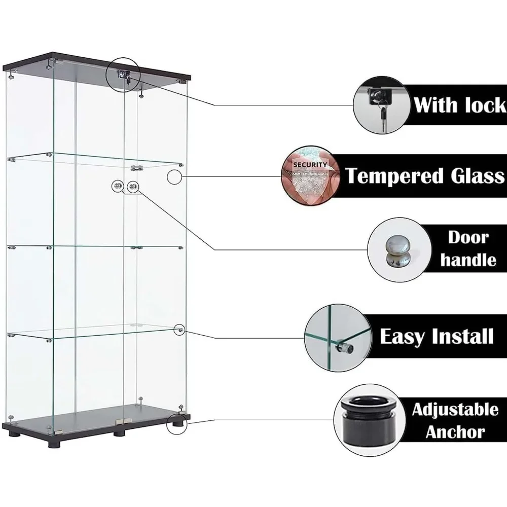 Glas vitrine 4-Regal mit Doppeltür, Kuriositäten vitrine mit 5mm gehärtetem Glas, 64x31,7x14,3 Zoll, schwarz