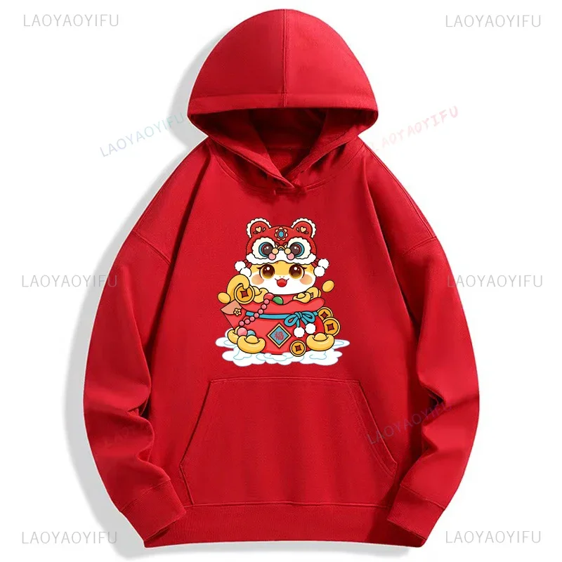 2025 New Year Treasures Fill The Home Woman Man Cartoon Printed Hoodie Happy Year of The Snake Drop Shoulder Warm Sweatshirt