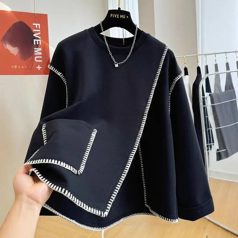 

Heavy-Work Embroidery Sweatirt round Ne ex Large Size 300 Pou Irregular Design Faion Brand Autumn Winter Top