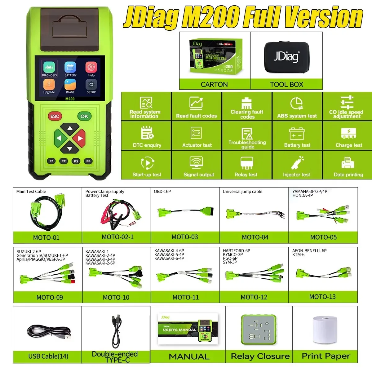 

JDiag M200 мотоциклетный диагностический сканер OBD2 Moto Fault Code Reader тестер батареи Motoscan Tool для BMW Yamaha Kawasaki Honda