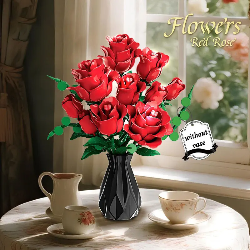 

MOC Festival Fantasy Flower Red Rose Bouquet Building Blocks Set Wedding Potted Love Plant Vase Toys For Children Birthday Gifts