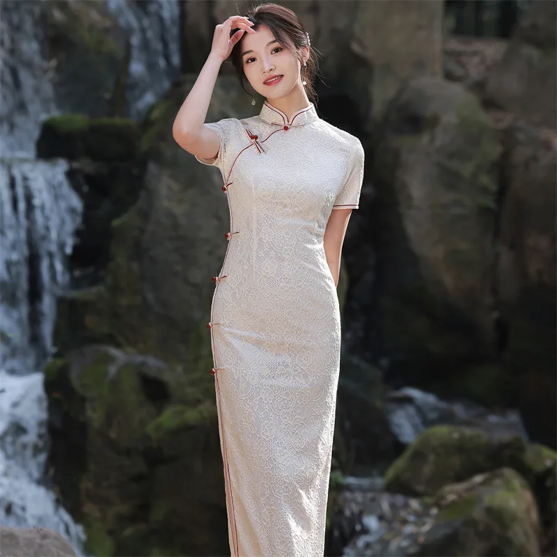 

White cheongsam composite lace long temperament dress literary republican style young girl