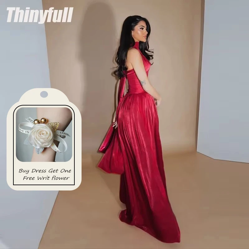 Thinyfull A-line Arab Long Prom Dress Halter Sleeveless Shiny Satin Evening Party Dresses Dubai Dress Robe De Soirée Customized