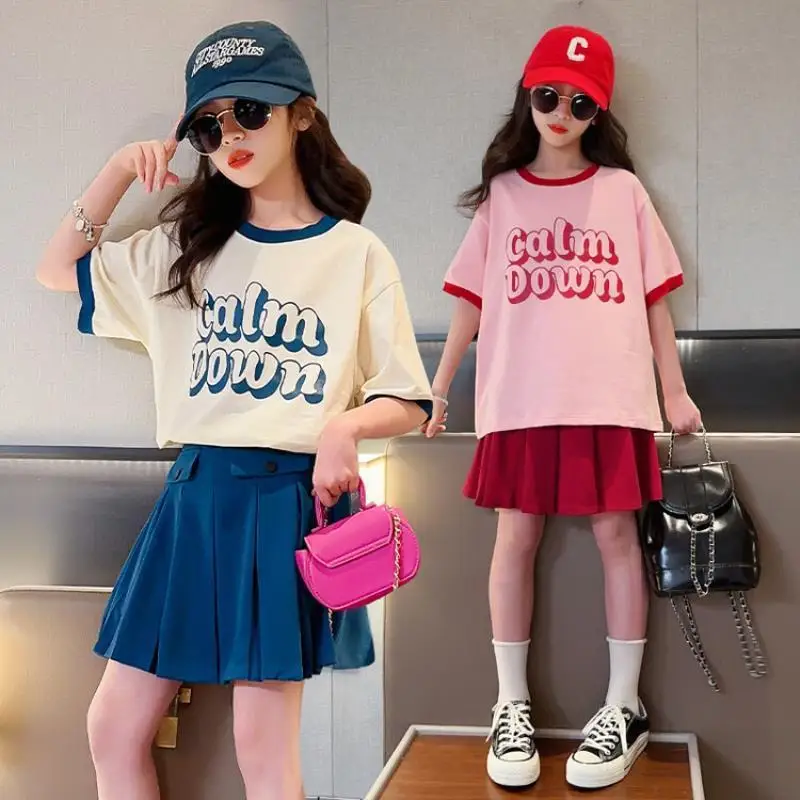 2025 NEW summer Teenager Girls Cloth short sleeve letters striped T Shirt + cargo skirt dress children set 6 7 8 9 10 11 12 year