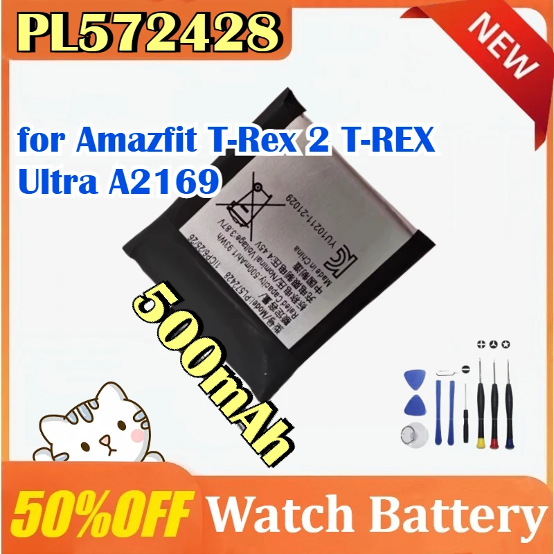 

New 500mAh PL572428 Smart Watch Battery for Amazfit T-Rex 2 T-REX Ultra A2169 with free Tools