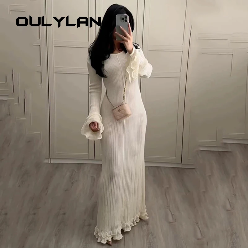 Women Pleated Ruffled Backless Long-Sleeved Dress Elegant Long Sleeve Pleated Knit Fishtail Dresses 2024 Fashion Sweater Dress