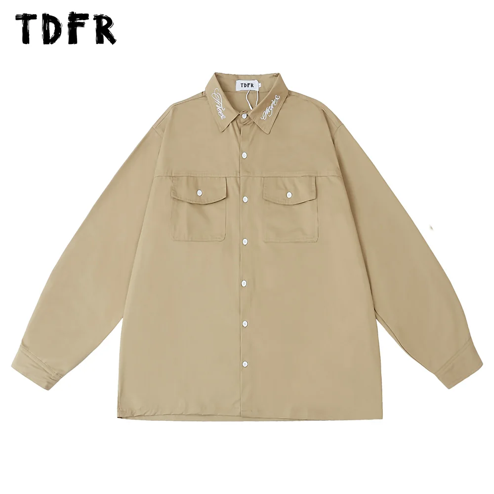 Letter Embroidery Cargo Shirts Mens Autumn Casual Loose Lapel Single Breasted Pocket Long Sleeve Shirts Men Top