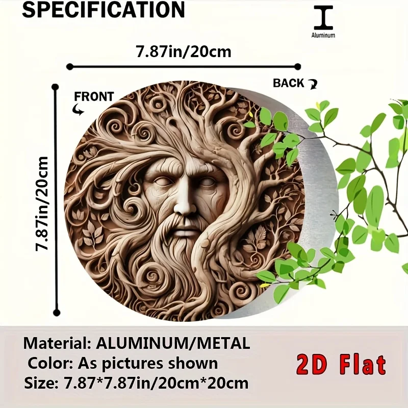 2D flat Round Metal Tin Sign 20x20cm Tree Man Elder Face Nature Art Rustic Forest Themed Wall Hanging Plaque For Farmhouse Decor