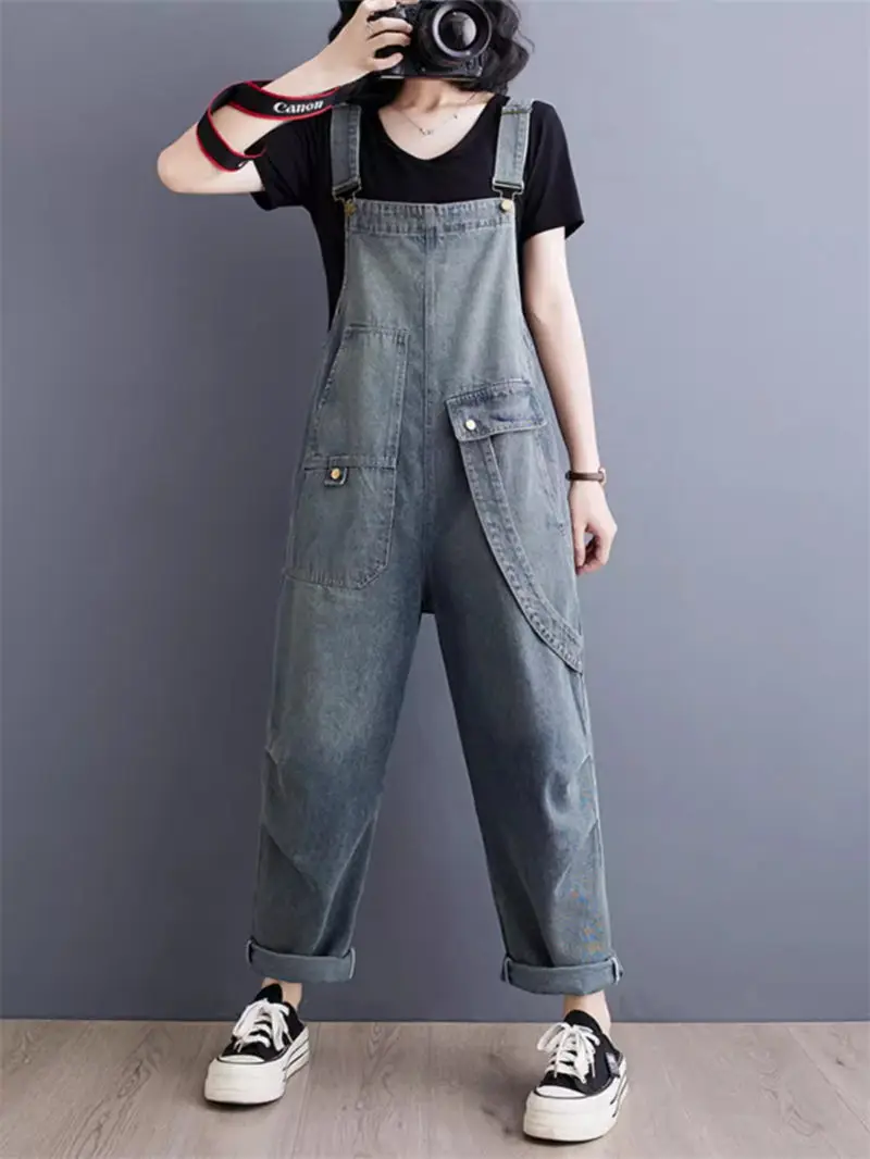 Fashionable Retro Distressed Diagonal Pocket Jeans For Women Summer Artistic Versatile Strap Pants Backless Denim Jumpsuit K571