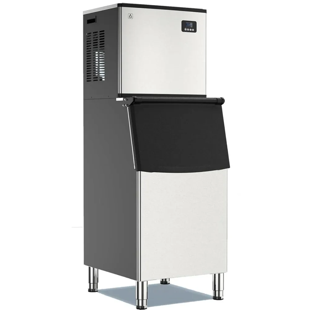 XMSJ Commercial Ice Maker Machine 350LBS/24H, Stainless Steel 300LBS Large Storage Bin, 14x13 Ice Cube, for Restaurant