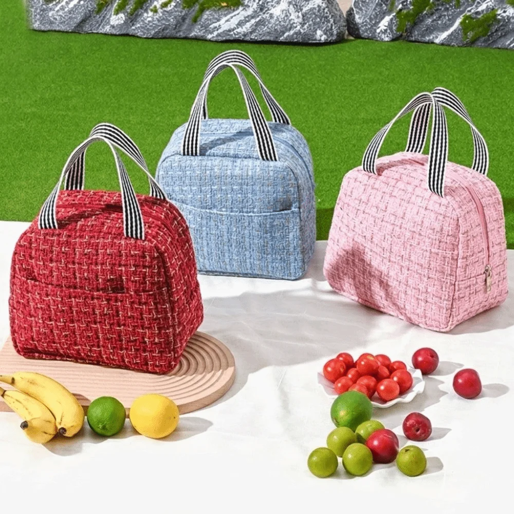 Fashion Solid Color Thermal Lunch Bag Zipper Large Capacity Insulated Lunch Bag Handheld Tote Bag Food Storage Bag Women
