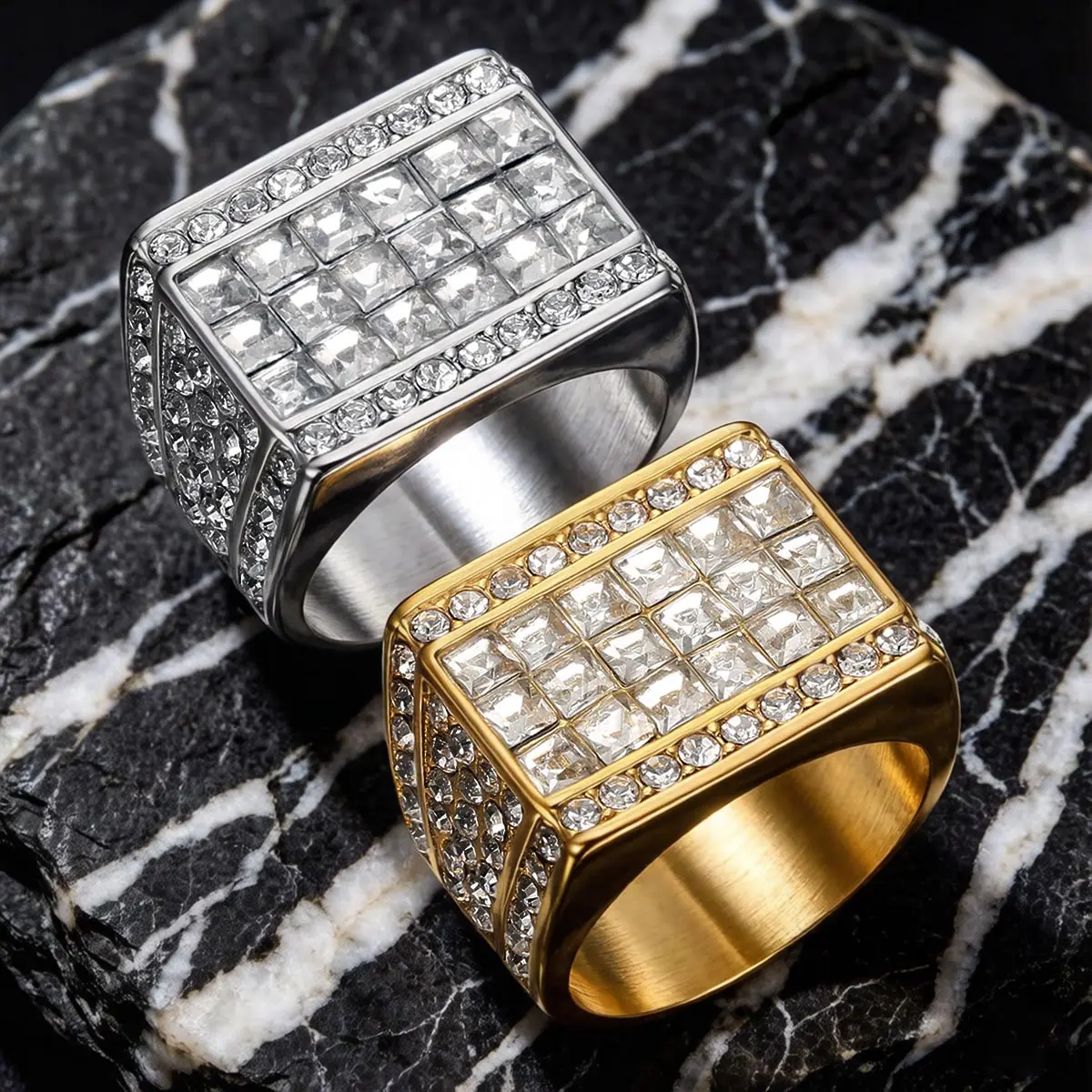 

European and American Men's Vintage Luxury Rings, Full Diamond 316 Stainless Steel Square Diamond Hiphop Jewelry, Vintage Hip-Hop Titanium Steel/Stainless Steel, High Quality, Non-Fading