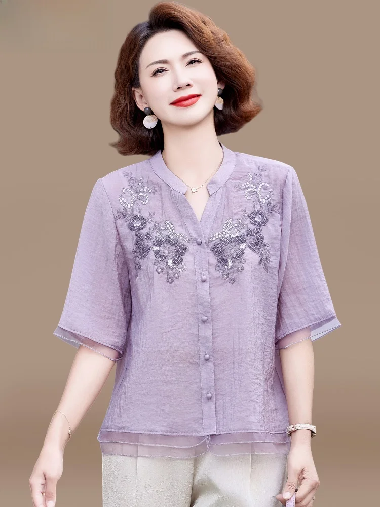 

Faionable Cotton Linen Embroidered irt ort Sve Women's Set for Middle-Aged Mothers Summer New Sle Loose Fit V-Ne