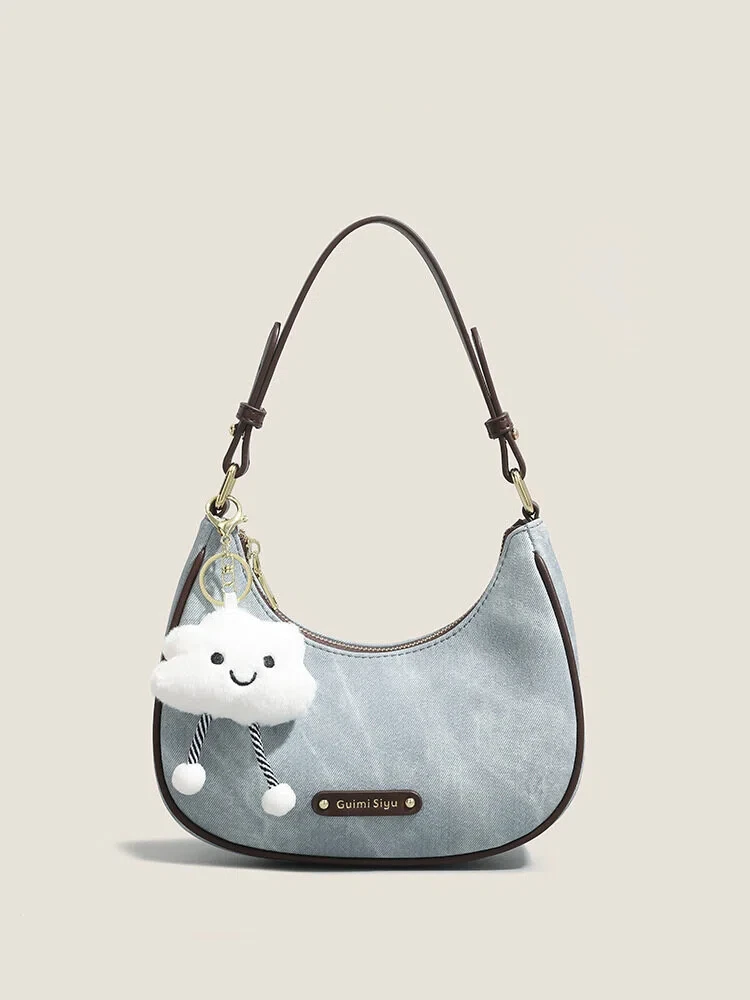 

Niche PU Leather Crescent Shoulder Handbag Purse For Women Qulited Denim Underarm Purse With Zipper Y2k Style Accessories