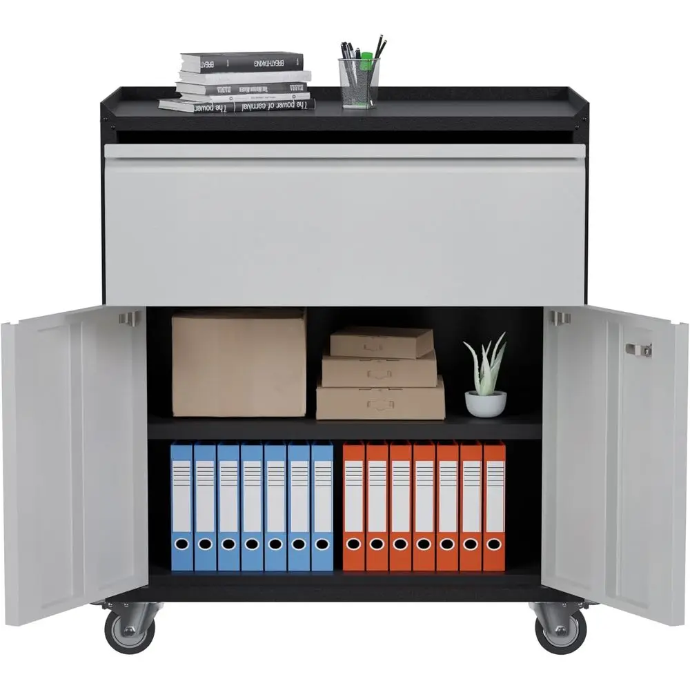 Rolling Metal Storage Cabinet with Drawers, 1 Shelf and 2 Doors, Ideal for Garage, Home, Office, and Garden, Black/Gray