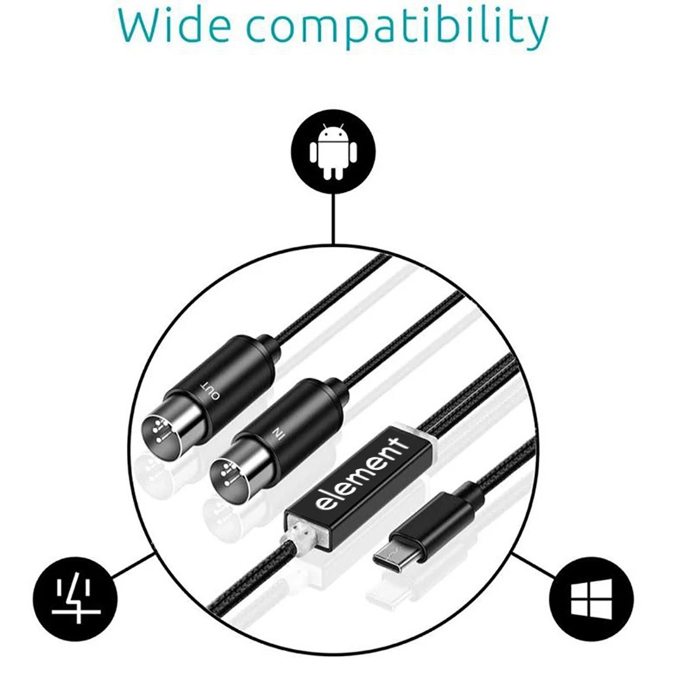 MIDI to USB C Type C Cable USB MIDI Converter with Indicator Light for Electronic Organ Computer