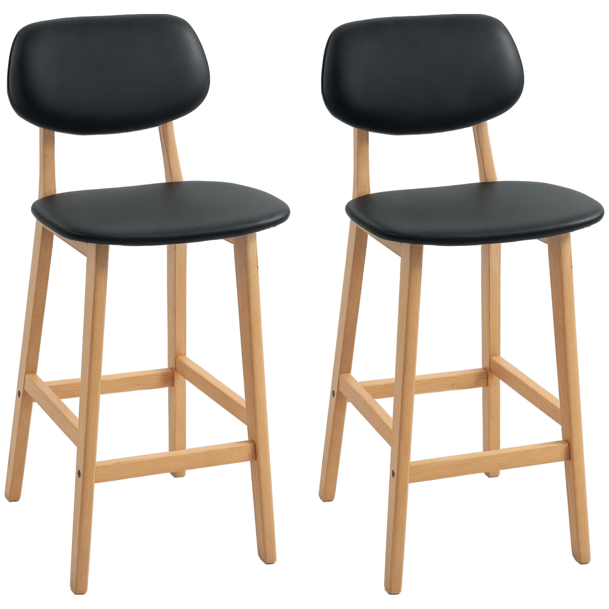 HOMCOM Lot de 2 tabourets de bar, chaises hautes, revêtement synthétique avec dossier et pieds en bois, noir