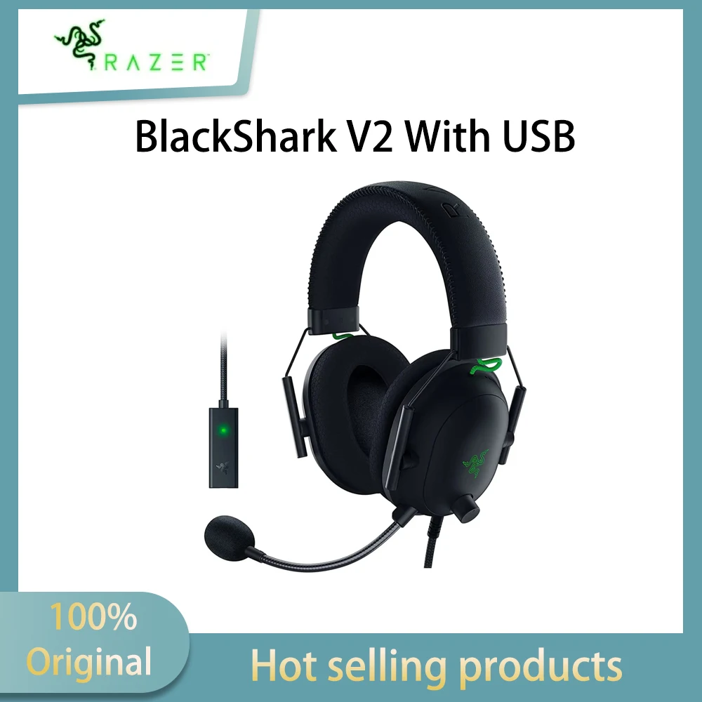 Razer BlackShark V2 مع بطاقة صوت USB للألعاب سماعة رأس سلكية للألعاب الرياضية الإلكترونية لتقليل الضوضاء السلبية تعديل Delta EQ CSGO