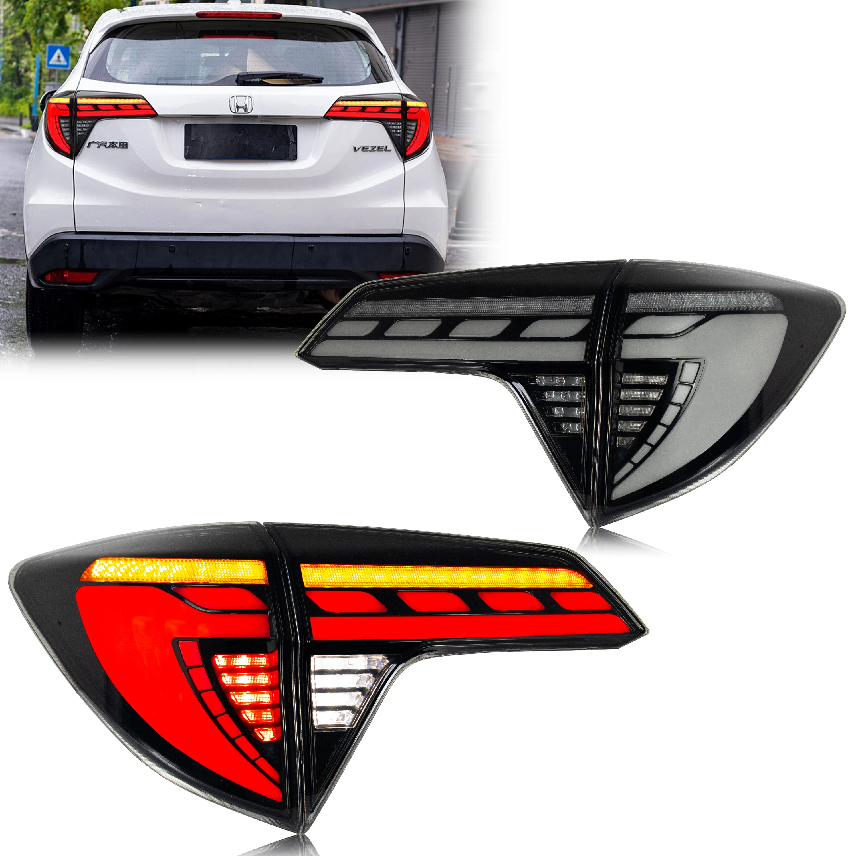 LED Tail Lights for Honda HR-V 2016-2023 Sequential Turn Signal Start-up Animation Black Rear Lamps Assembly
