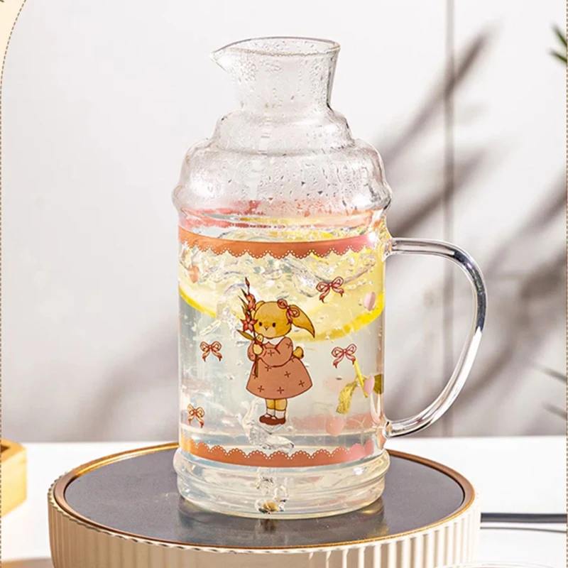 กาต้มน้ําแก้วเย็นพร้อมฝาปิดและที่จับการ์ตูนกระต่ายเครื่องดื่มถ้วยกาต้มน้ําขนาดใหญ่ความจุ 1L ครัวเรือน Party เหยือกน้ํา