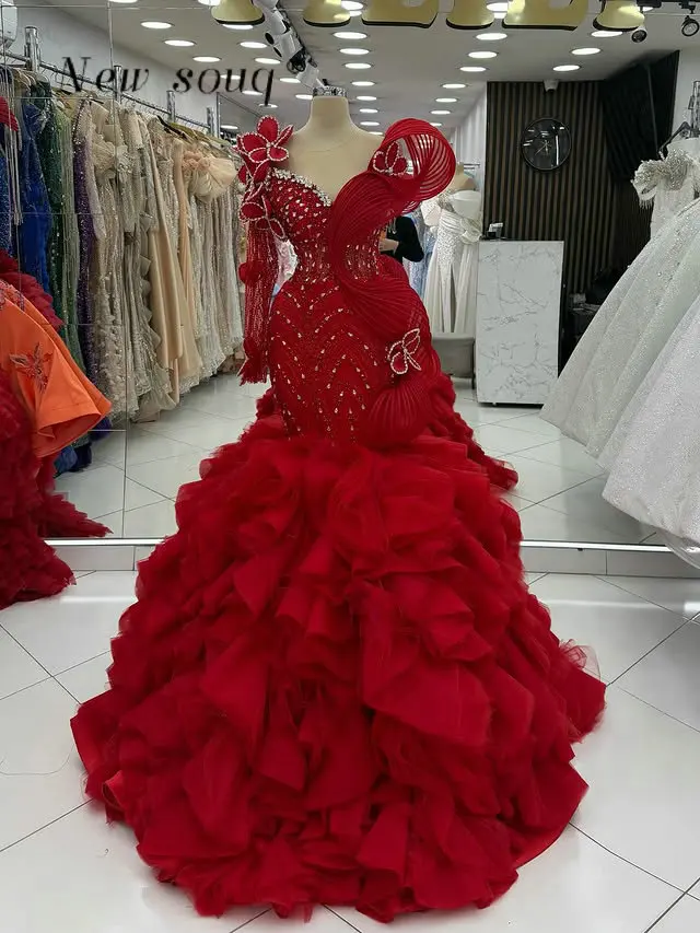 

Stunning Red One Shoulder Ruffles Mermaid Evening Dresses Customized Dubai Crystals Beaded Luxury Wedding Events Party Gowns