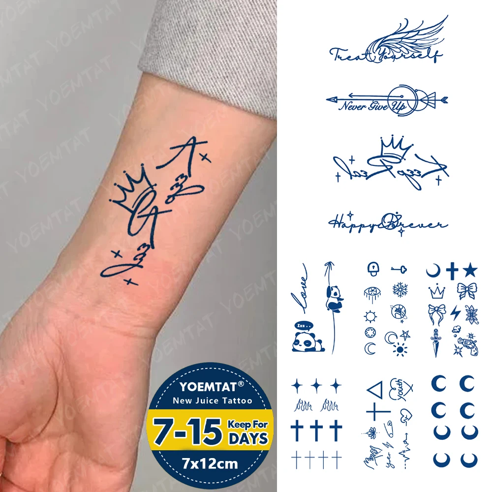 Vleugels Kroon Tekst Sap Inkt Blijvende Waterdichte Tijdelijke Tattoo Sticker Brief Totem Hand Nep Tatto Body Art Vrouwen Mannen Arm Nek