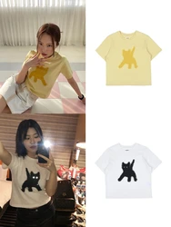 女性用半袖猫柄Tシャツ,シンプルなコットントップ,反射型印刷,流行のブランド,韓国の夏,新しいコレクション2024