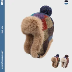 Northeast Knitted Warm Bomber Hat Women's Winter Cute Cold-proof Thickened Rabbit Fur Ear Protection Knitted Hat Warm Wool Hat