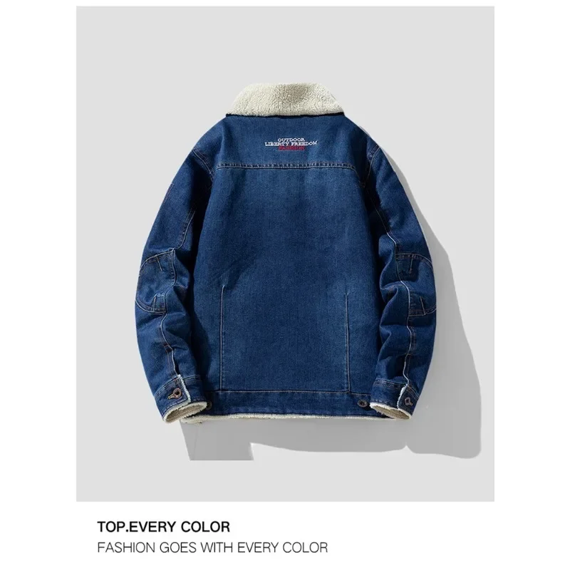 MaiDangDi Classic American Vintage Washed Cotton Autumn and Winter Lamb Fleece Denim Men Plush Warm Flip Collar Youth Jacket