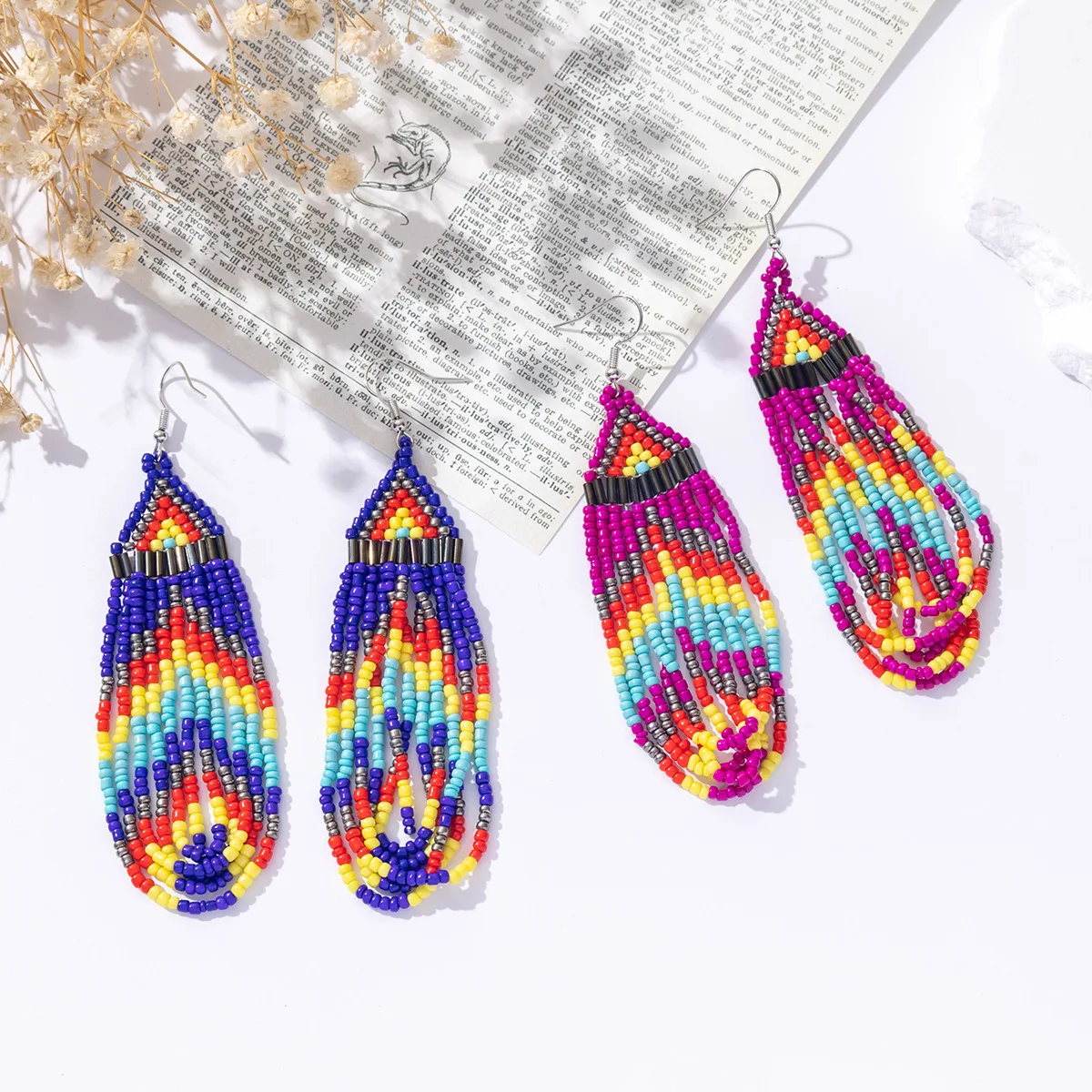

Bohemian Beaded Earrings with Tassels Rainbow Arrow Gradient Colors Hand-Woven Female Trend Alloy Rice Bead Jewelry