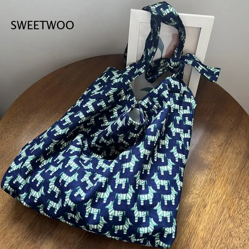 2026 Navy Small Zebra Print Corduroy Tote Bag Soft Thick Velvet Texture Tied Shoulder Strap Lazy Loose Large Capacity Women Bag