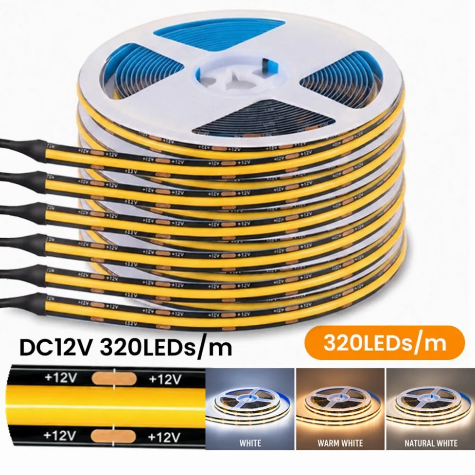 DC12V 320LEDs/m Black COB LED Strip Warm/Neutral/White Light With Black DuPont Wire/2Pin Wire/DC Plug For Cabinet Decor Lighting