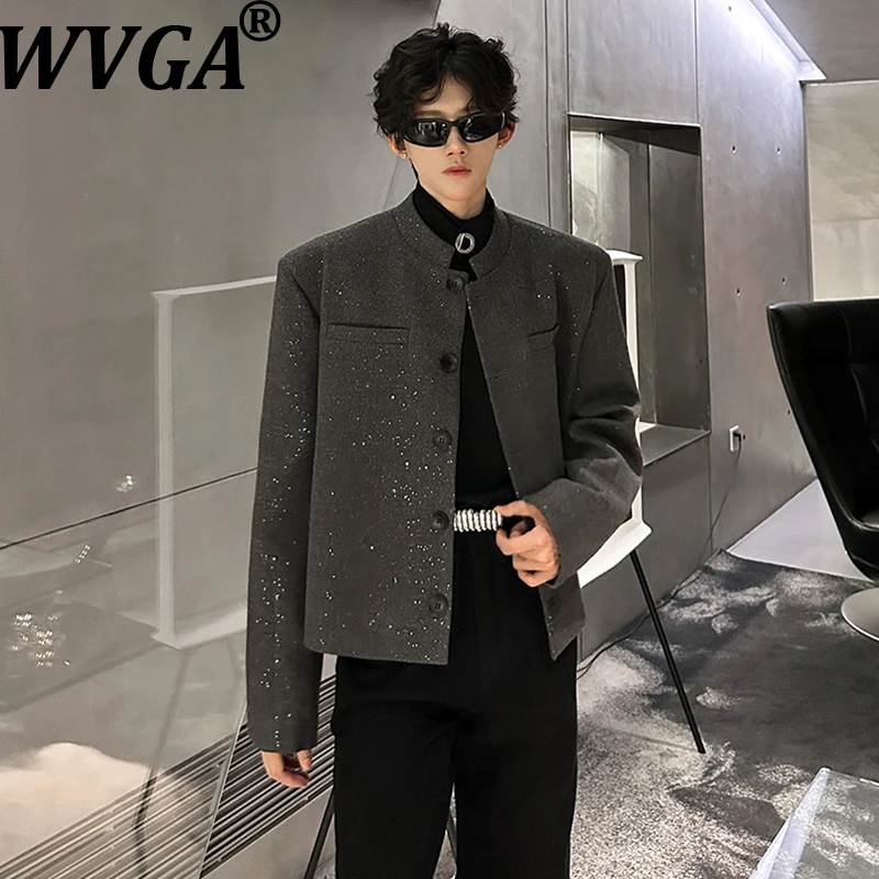 

WVGA Spring Autumn New Men Tide Padded Shoulder Woolen Stand Collar Short Blazer Niche Chic Casual Long Sleeve Jacket Ins W15926