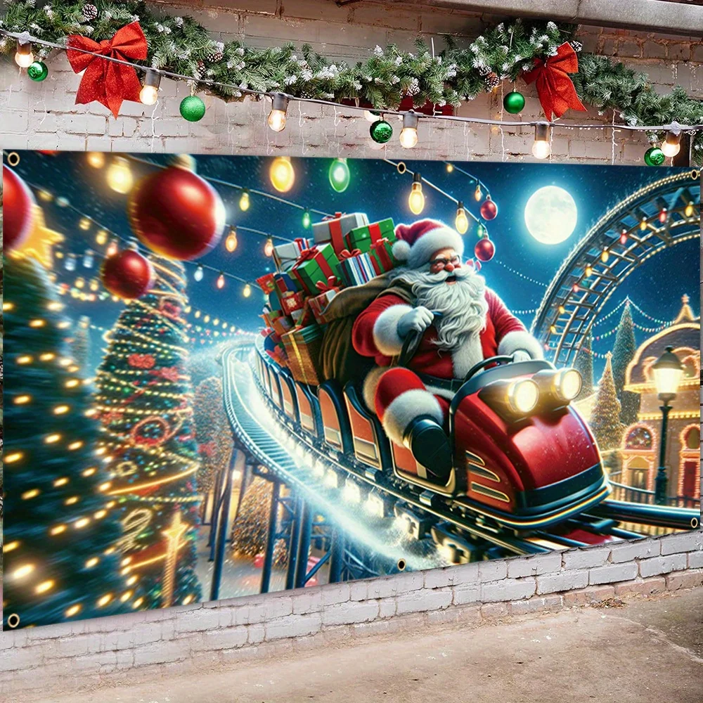 لوحة باب ثنائية الأبعاد قطعة واحدة من لوحة باب جراج عيد الميلاد من البوليستر الاحتفالي - سانتا كلوز على تصميم دائري، ديكور احتفالي