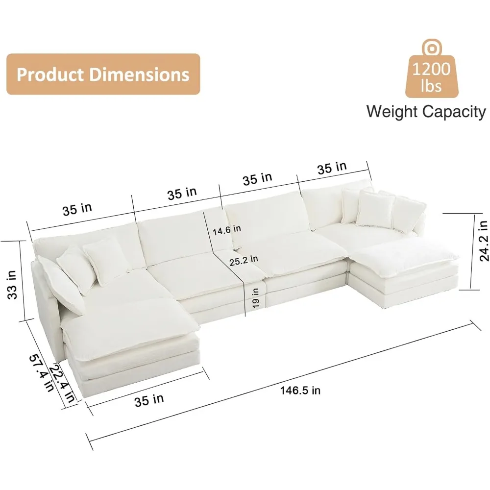 Oversized U-shaped modular sectional sofa with 2 ottoman/chaise longue and 6 living room office pillows, 146.5