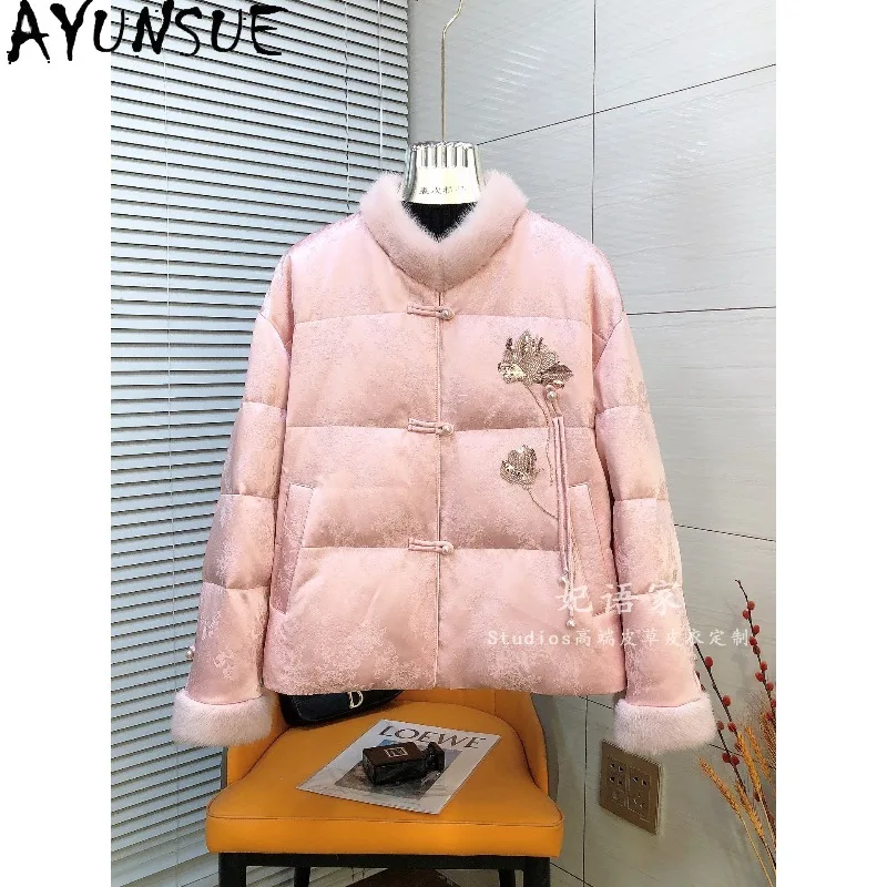 

AYUNSUE White Goose Down Jacket Woman Elegant Chinese Style Jacquard Coats Warm Short Winter Jackets Woman Clothes Ropa Mujer