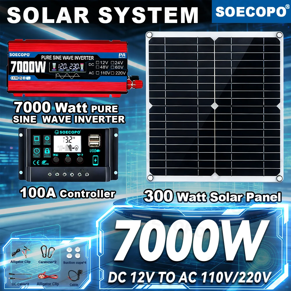 

SOECOPO Solar System Kit Pure Sine Wave 7000W Peak Inverter 12V To 110V/220V 300W Solar Panel 100A Controller for Home Camping