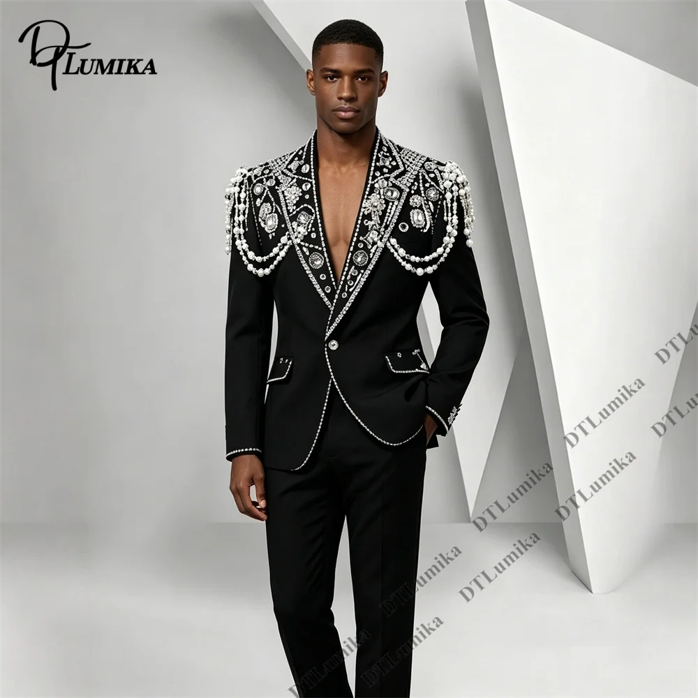 Show-stopping Men's 2 Piece Pearl Rhinestone Suit Blazer Crystal Beaded Shoulder Epaulet Stage Performance Prom Party Tuxedo Set