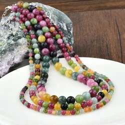 Yumfeel Colorful Tourmaline Beaded Necklace Summer Boho Style Natural Stone Round Beads Handmade Jewelry Mother's Day Gift