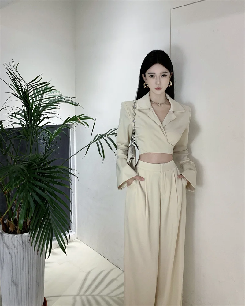 Women's Autumn Vintage Casual Short Blazer Coat High Waist Wide Leg Pants Set Black Hepburn Style  Trousers Two-piece 