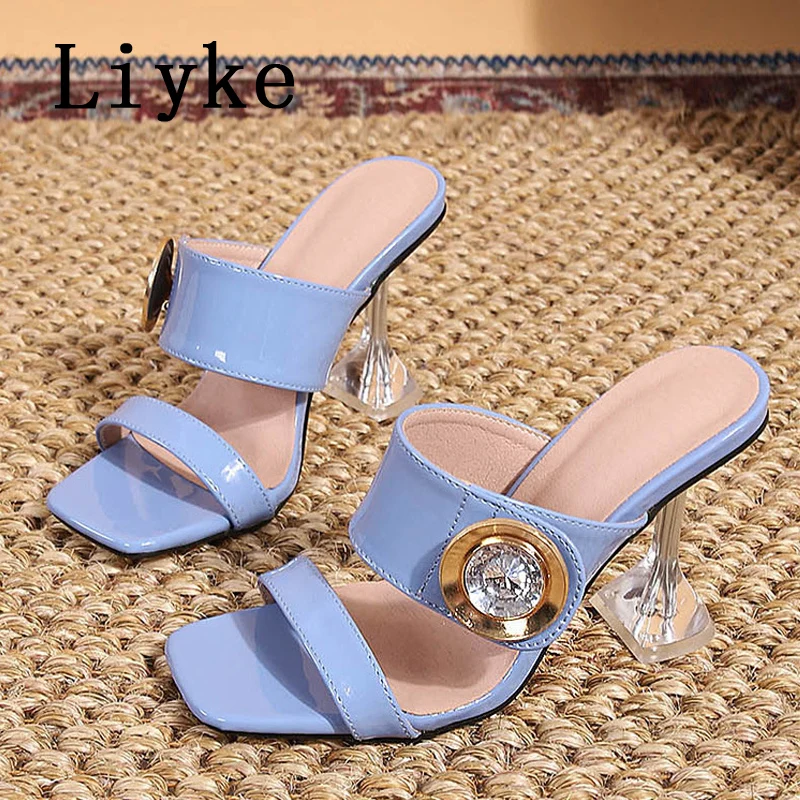 Liyke New Brand Design Crystal Metal Buckle pantofole con tacco strano trasparente da donna sandali Open Toe Mules Slides Shoes Pumps