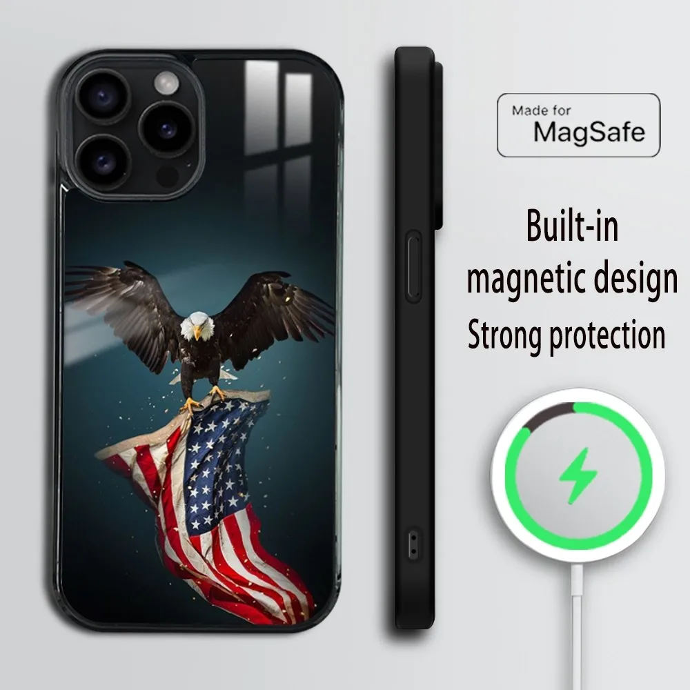 American USA Flag Eagle Phone Case For iPhone 16 15 14 13 12 11 Pro Max Plus Mini Magsafe Mirror Wireless Magnetic Cover