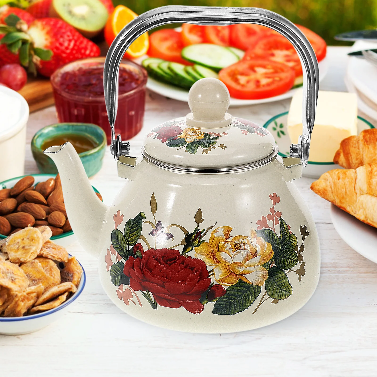

Retro Enamel Kettle Vintage Floral Pattern Stovetop Tea Pot Large Capacity with Tea Strainer Enamel Kettle Enameled Teapot