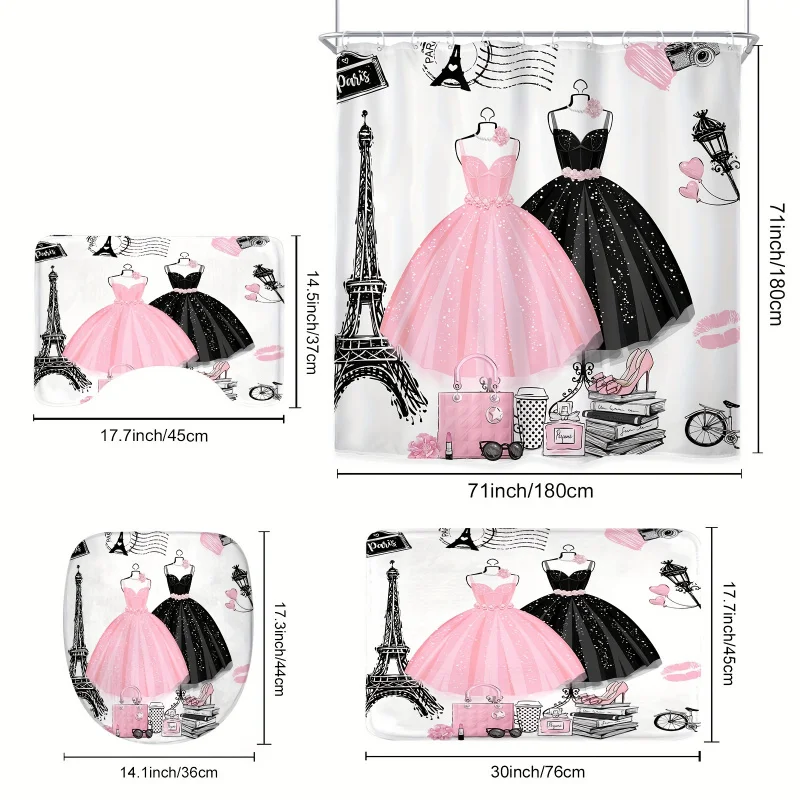 1PC Fashion Dresses Shower Curtain, Modern Eiffel Tower Women Paris Perfume High Heels Pink Black Makeup Bathroom Decor Fabric P